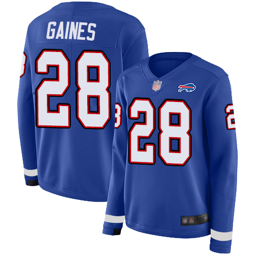 Nike Bills #28 E.J. Gaines Royal Blue Team Color Women's Stitched NFL Limited Therma Long Sleeve Jersey