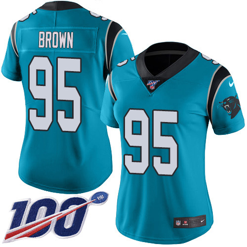Nike Panthers #95 Derrick Brown Blue Women's Stitched NFL Limited Rush 100th Season Jersey