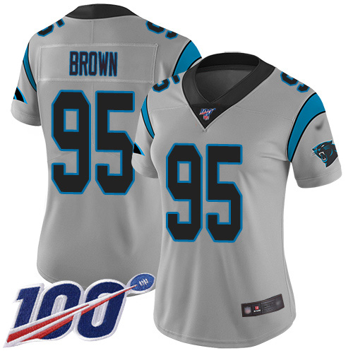 Nike Panthers #95 Derrick Brown Silver Women's Stitched NFL Limited Inverted Legend 100th Season Jersey Nike Panthers #95 Derrick Brown Silver Women's Stitched NFL Limited Inverted Legend 100th Season Jersey