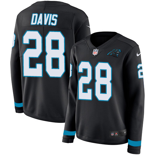 Nike Panthers #28 Mike Davis Black Team Color Women's Stitched NFL Limited Therma Long Sleeve Jersey