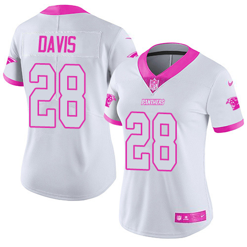 Nike Panthers #28 Mike Davis White/Pink Women's Stitched NFL Limited Rush Fashion Jersey