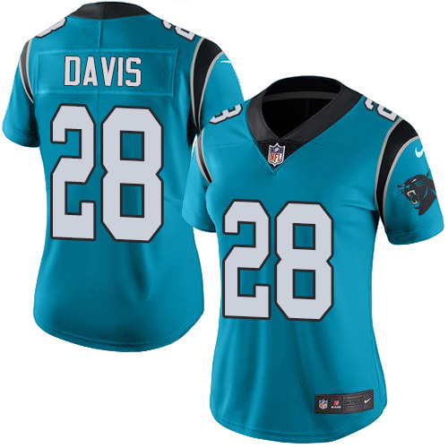 Nike Panthers #28 Mike Davis Blue Women's Stitched NFL Limited Rush Jersey