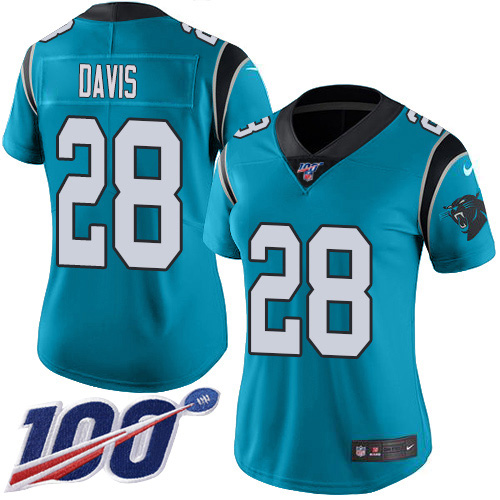 Nike Panthers #28 Mike Davis Blue Women's Stitched NFL Limited Rush 100th Season Jersey