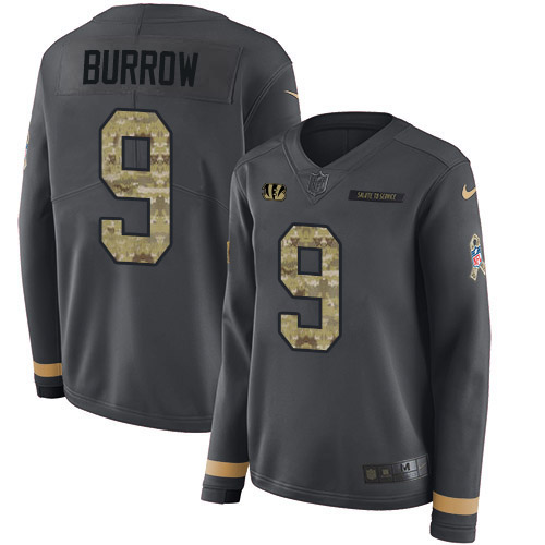 Nike Bengals #9 Joe Burrow Anthracite Salute to Service Women's Stitched NFL Limited Therma Long Sleeve Jersey