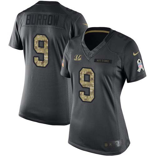 Nike Bengals #9 Joe Burrow Black Women's Stitched NFL Limited 2016 Salute to Service Jersey