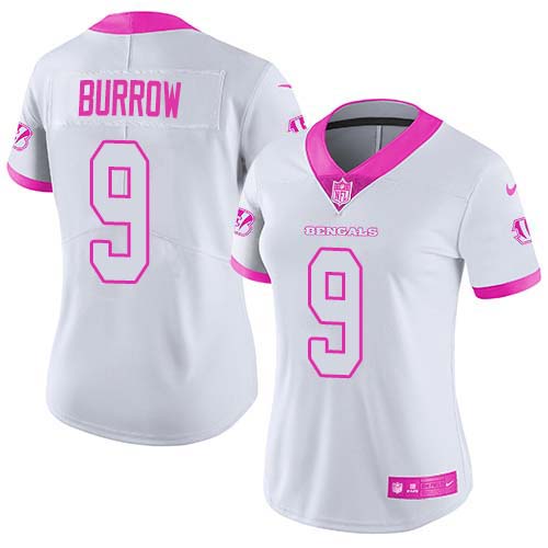 Nike Bengals #9 Joe Burrow White/Pink Women's Stitched NFL Limited Rush Fashion Jersey