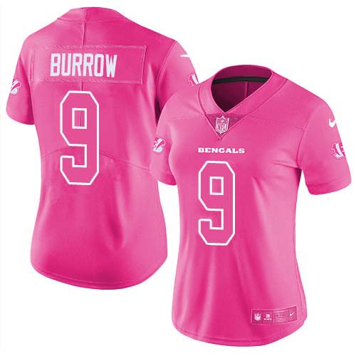 Nike Bengals #9 Joe Burrow Pink Women's Stitched NFL Limited Rush Fashion Jersey