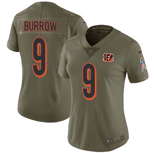 Nike Bengals #9 Joe Burrow Olive Women's Stitched NFL Limited 2017 Salute To Service Jersey