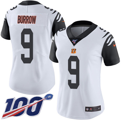 Nike Bengals #9 Joe Burrow White Women's Stitched NFL Limited Rush 100th Season Jersey