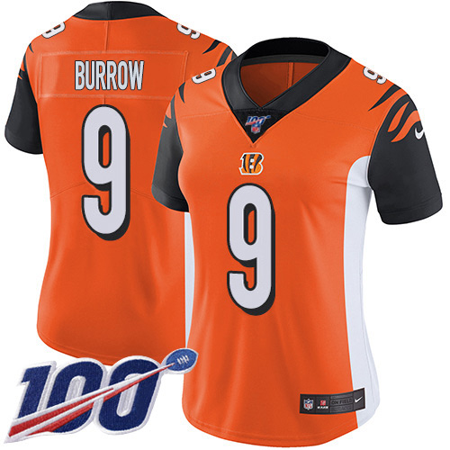 Nike Bengals #9 Joe Burrow Orange Alternate Women's Stitched NFL 100th Season Vapor Untouchable Limited Jersey
