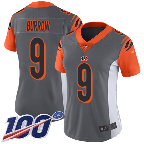 Nike Bengals #9 Joe Burrow Silver Women's Stitched NFL Limited Inverted Legend 100th Season Jersey