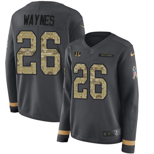 Nike Bengals #26 Trae Waynes Anthracite Salute to Service Women's Stitched NFL Limited Therma Long Sleeve Jersey