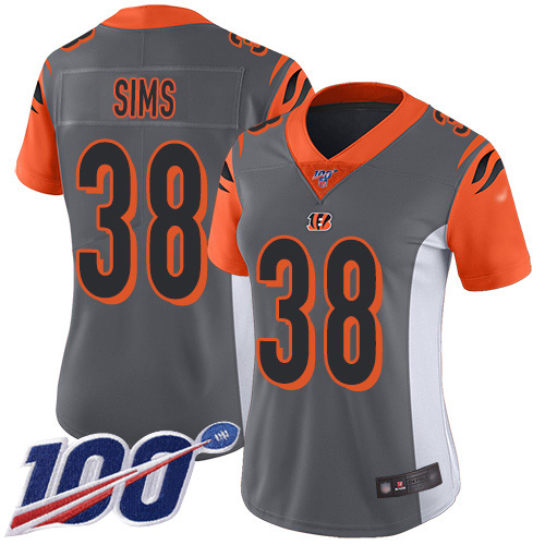 Nike Bengals #38 LeShaun Sims Silver Women's Stitched NFL Limited Inverted Legend 100th Season Jersey
