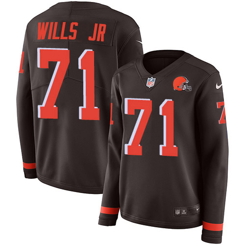 Nike Browns #71 Jedrick Wills JR Brown Team Color Women's Stitched NFL Limited Therma Long Sleeve Jersey