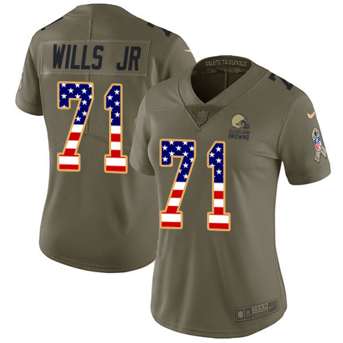 Nike Browns #71 Jedrick Wills JR Olive/USA Flag Women's Stitched NFL Limited 2017 Salute To Service Jersey
