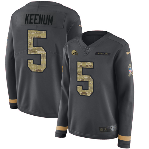 Nike Browns #5 Case Keenum Anthracite Salute to Service Women's Stitched NFL Limited Therma Long Sleeve Jersey