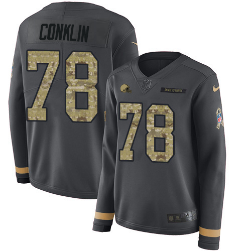 Nike Browns #78 Jack Conklin Anthracite Salute to Service Women's Stitched NFL Limited Therma Long Sleeve Jersey