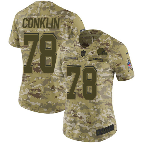 Nike Browns #78 Jack Conklin Camo Women's Stitched NFL Limited 2018 Salute To Service Jersey