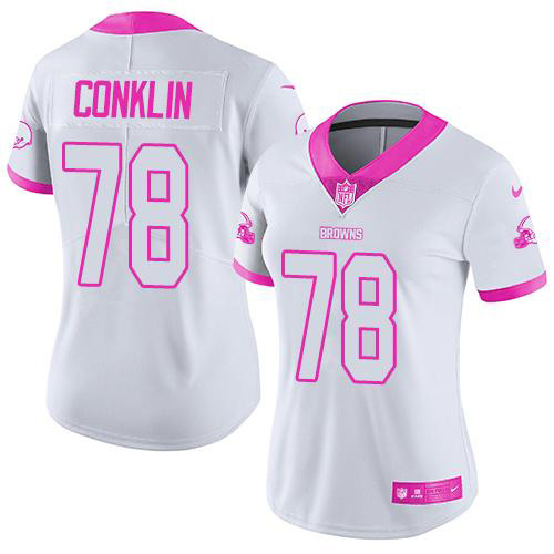Nike Browns #78 Jack Conklin White/Pink Women's Stitched NFL Limited Rush Fashion Jersey