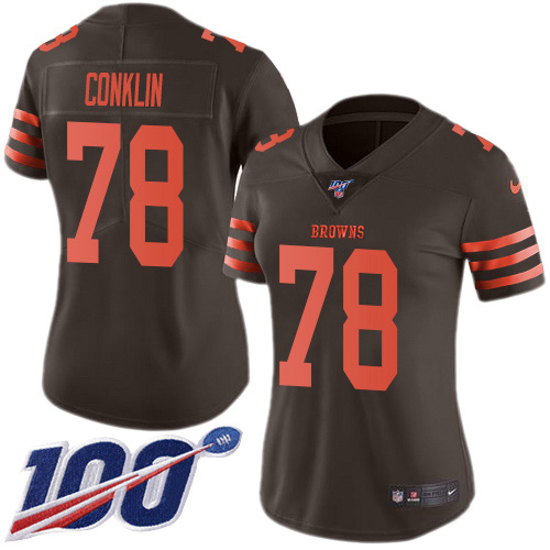 Nike Browns #78 Jack Conklin Brown Women's Stitched NFL Limited Rush 100th Season Jersey