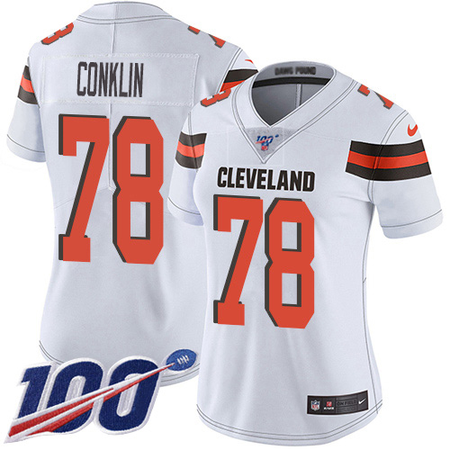 Nike Browns #78 Jack Conklin White Women's Stitched NFL 100th Season Vapor Untouchable Limited Jersey