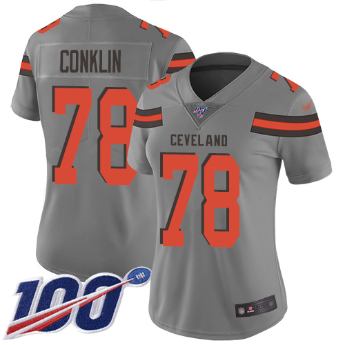 Nike Browns #78 Jack Conklin Gray Women's Stitched NFL Limited Inverted Legend 100th Season Jersey