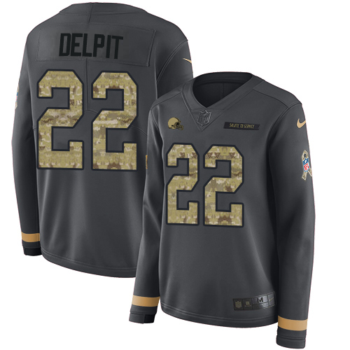 Nike Browns #22 Grant Delpit Anthracite Salute to Service Women's Stitched NFL Limited Therma Long Sleeve Jersey Nike Browns #22 Grant Delpit Anthracite Salute to Service Women's Stitched NFL Limited Therma Long Sleeve Jersey