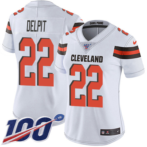 Nike Browns #22 Grant Delpit White Women's Stitched NFL 100th Season Vapor Untouchable Limited Jersey