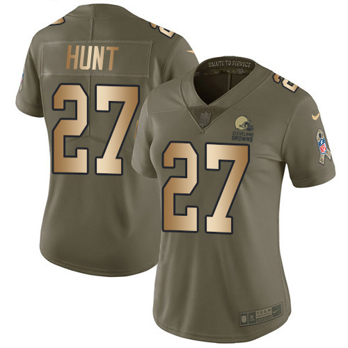 Nike Browns #27 Kareem Hunt Olive/Gold Women's Stitched NFL Limited 2017 Salute To Service Jersey
