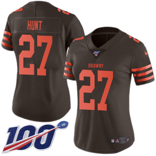 Nike Browns #27 Kareem Hunt Brown Women's Stitched NFL Limited Rush 100th Season Jersey