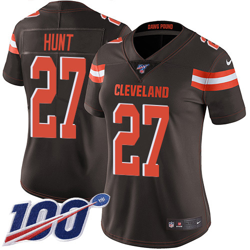 Nike Browns #27 Kareem Hunt Brown Team Color Women's Stitched NFL 100th Season Vapor Untouchable Limited Jersey