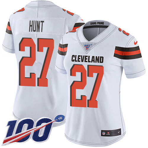 Nike Browns #27 Kareem Hunt White Women's Stitched NFL 100th Season Vapor Untouchable Limited Jersey