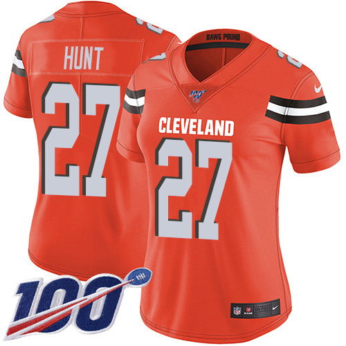 Nike Browns #27 Kareem Hunt Orange Alternate Women's Stitched NFL 100th Season Vapor Untouchable Limited Jersey