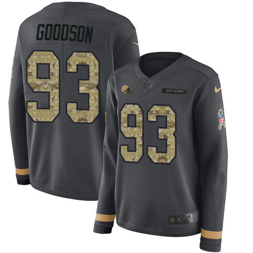 Nike Browns #93 B.J. Goodson Anthracite Salute to Service Women's Stitched NFL Limited Therma Long Sleeve Jersey