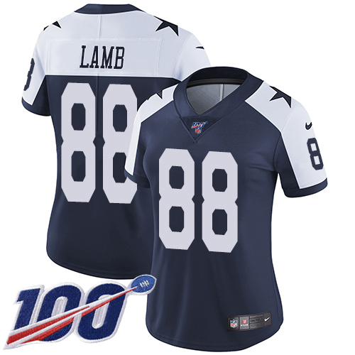 Nike Cowboys #88 CeeDee Lamb Navy Blue Thanksgiving Women's Stitched NFL 100th Season Vapor Throwback Limited Jersey