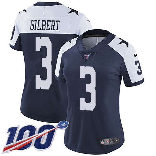 Nike Cowboys #3 Garrett Gilbert Navy Blue Thanksgiving Women's Stitched NFL 100th Season Vapor Throwback Limited Jersey