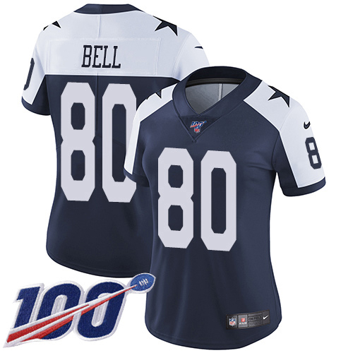 Nike Cowboys #80 Blake Bell Navy Blue Thanksgiving Women's Stitched NFL 100th Season Vapor Throwback Limited Jersey