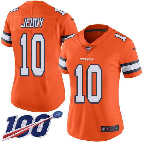 Nike Broncos #10 Jerry Jeudy Orange Women's Stitched NFL Limited Rush 100th Season Jersey