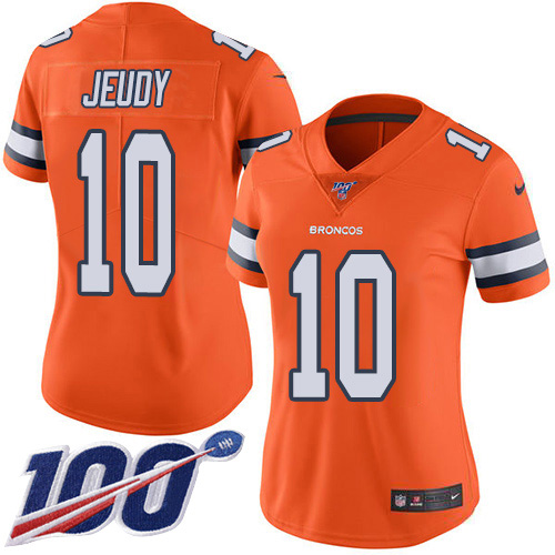 Nike Broncos #10 Jerry Jeudy Orange Women's Stitched NFL Limited Rush 100th Season Jersey Nike Broncos #10 Jerry Jeudy Orange Women's Stitched NFL Limited Rush 100th Season Jersey