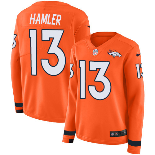 Nike Broncos #13 KJ Hamler Orange Team Color Women's Stitched NFL Limited Therma Long Sleeve Jersey