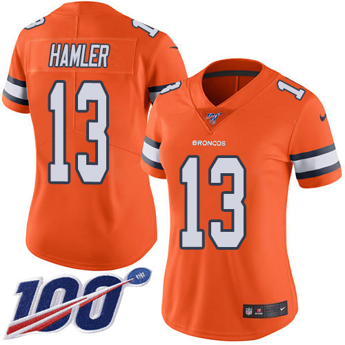 Nike Broncos #13 KJ Hamler Orange Women's Stitched NFL Limited Rush 100th Season Jersey