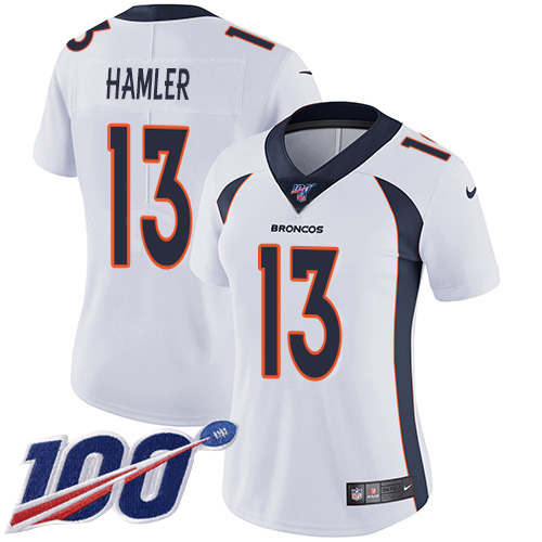 Nike Broncos #13 KJ Hamler White Women's Stitched NFL 100th Season Vapor Untouchable Limited Jersey