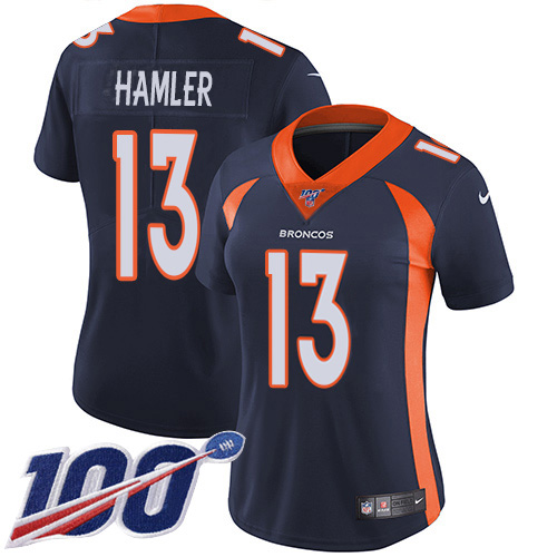 Nike Broncos #13 KJ Hamler Navy Blue Alternate Women's Stitched NFL 100th Season Vapor Untouchable Limited Jersey