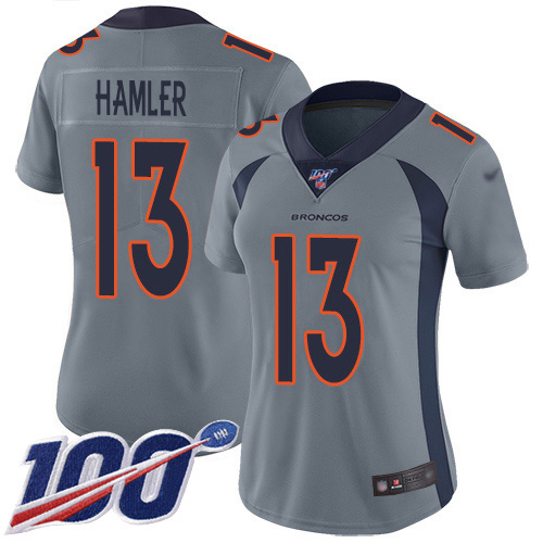 Nike Broncos #13 KJ Hamler Gray Women's Stitched NFL Limited Inverted Legend 100th Season Jersey