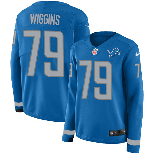 Nike Lions #79 Kenny Wiggins Blue Team Color Women's Stitched NFL Limited Therma Long Sleeve Jersey