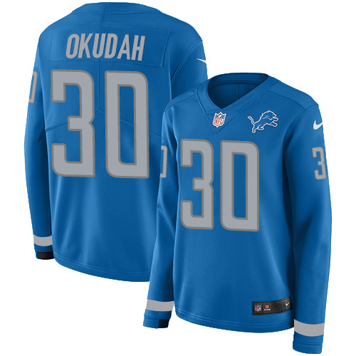 Nike Lions #30 Jeff Okudah Blue Team Color Women's Stitched NFL Limited Therma Long Sleeve Jersey