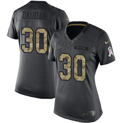 Nike Lions #30 Jeff Okudah Black Women's Stitched NFL Limited 2016 Salute to Service Jersey