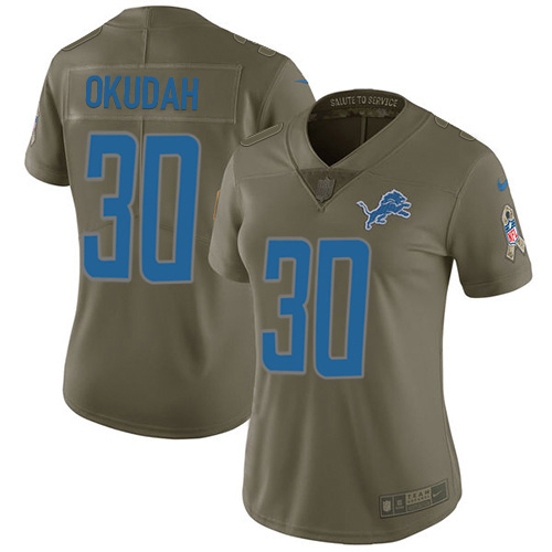 Nike Lions #30 Jeff Okudah Olive Women's Stitched NFL Limited 2017 Salute To Service Jersey