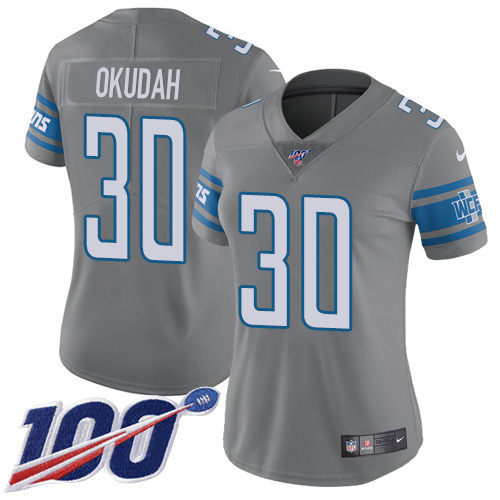 Nike Lions #30 Jeff Okudah Gray Women's Stitched NFL Limited Rush 100th Season Jersey