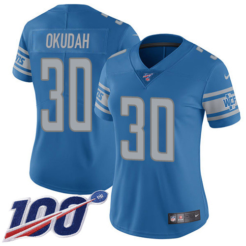 Nike Lions #30 Jeff Okudah Blue Team Color Women's Stitched NFL 100th Season Vapor Untouchable Limited Jersey